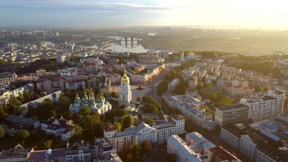 Kiev City Center in Morning Lights. Dnipro River and Sophia Cathedral of Kiev, Ukraine