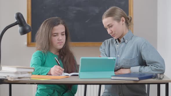 Joyful Caucasian Woman and Little Person Gesturing Highfive Sitting at Desk Talking in Classroom