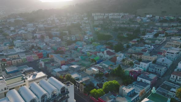 Forwards Fly Above Low Colourful Houses in Residential Bo Kaap Borough