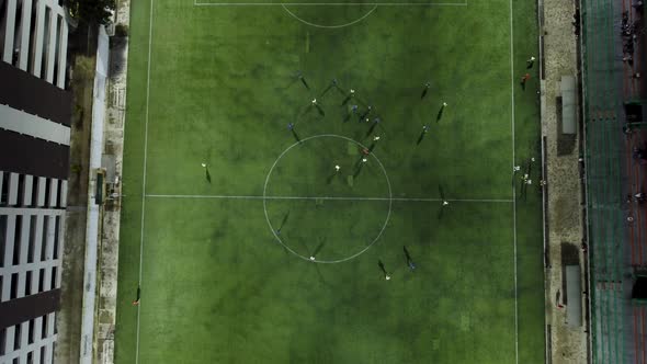 aerial view of a friendly soccer game