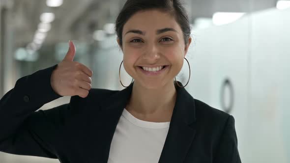 Portrait of Positive Young Indian Businesswoman Doing Thumbs Up