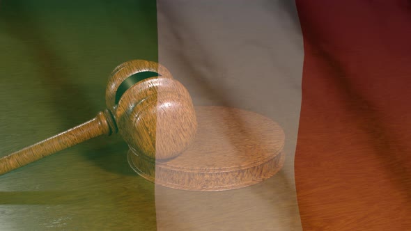 Italian judiciary. Flag of Italy and Judge's gavel.