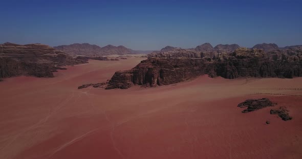 Aerial drone shot of Wadi Rum Desert, Jordan. 4K