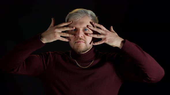 Stylish Young Man with Blue Eyes Looking at Camera Posing Feeling Happiness Fun Enjoyment