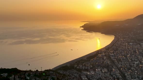 Foggy Sunset at sea aerial view 4 K Turkey Alanya