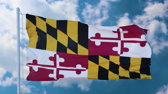 Maryland Flag on a Flagpole Waving in the Wind in the Sky