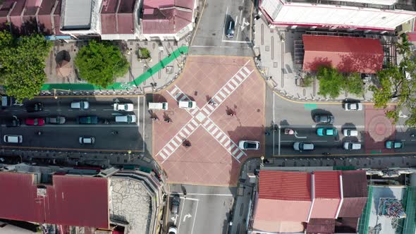 The intersection of Chulia St. and Kapitan Keling avenues in Penang Island Malaysia seen from above