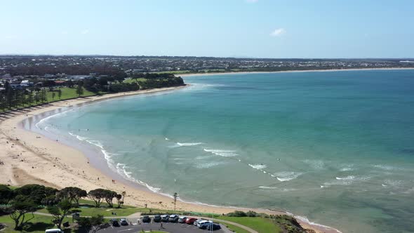 AERIAL Over Front Beach, Torquay Australia On A Sunny Day