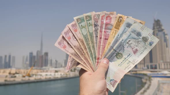 A Man Holds in His Hand the Money of the Arab Emirates