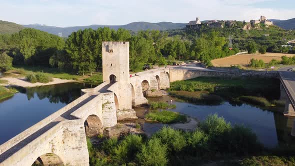 Aerial View of a Medieval Stone Bridge Over Ebro River in Frias, Historic Village in the Province of