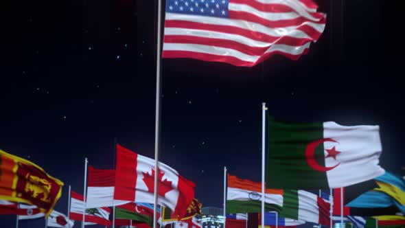 American Flag With World Globe Flags