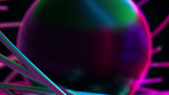 Iridescent Neon Sphere and Plexus of Optical Fibers