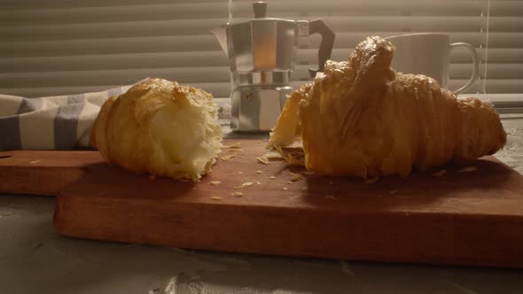 Food and Drink Concept. Morning Breakfast - Coffee and Croissant on a Table