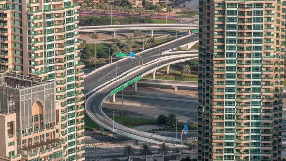 Dubai Marina Highway Exit Between Skyscrapers Spaghetti Junction Aerial View