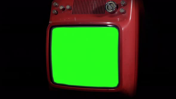 Old Red Television Set turning on Green Screen with Color Bars. 4K Version.