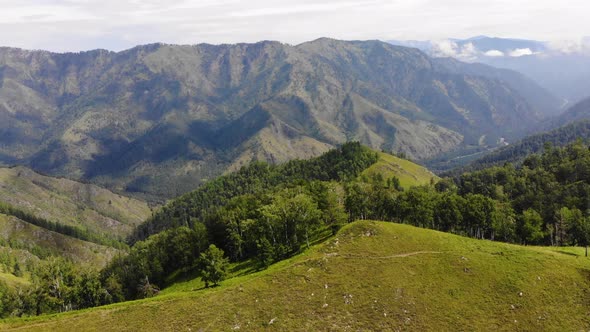 Horizontal Aerial Panorama, Green Fields and Trees Against the Backdrop of High Mountains and Sky