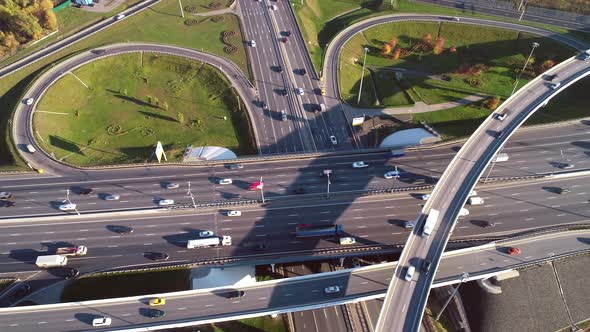 Aerial View of a Freeway Intersection Traffic Trails in Moscow.