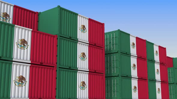 Container Terminal with Containers with Flag of Mexico