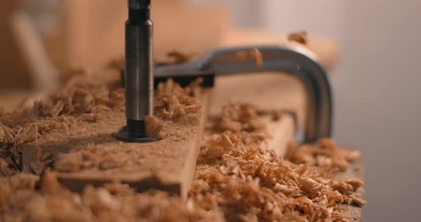 Woodworker Drills Holes in Wooden Plank with Drilling Machine in Slow Motion Carpentry at Workshop