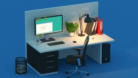 Timelapse of isolated office cubicles during busy day at work. Blue background.