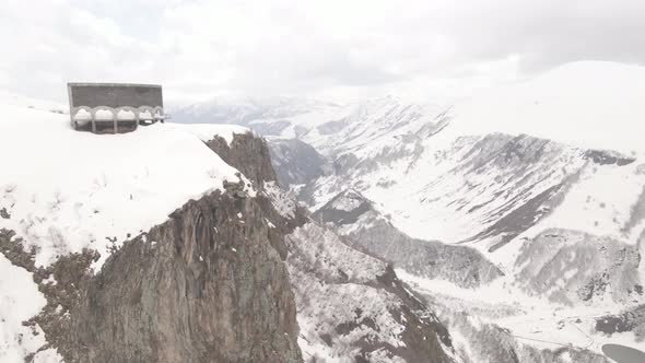 Gudauri, Georgia - April 17, 2021: Aerial view of Russia–Georgia Friendship Monument