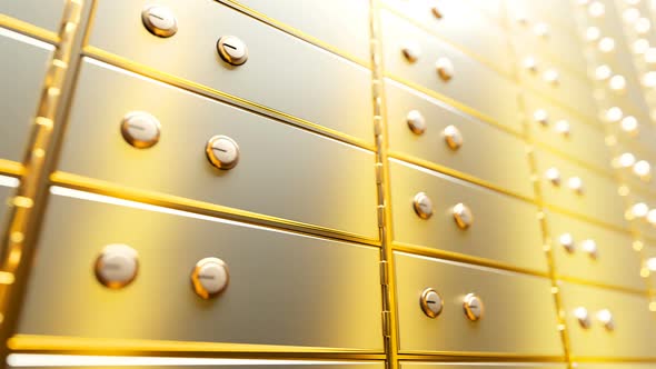 Golden Safe Deposit Boxes in a Bright Bank Vault Room alt