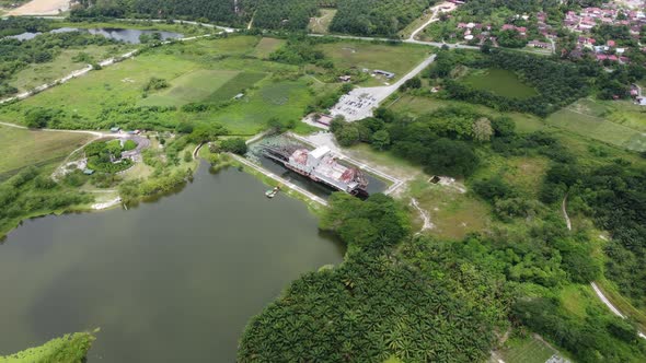 Aerial view abandoned tin mining lake