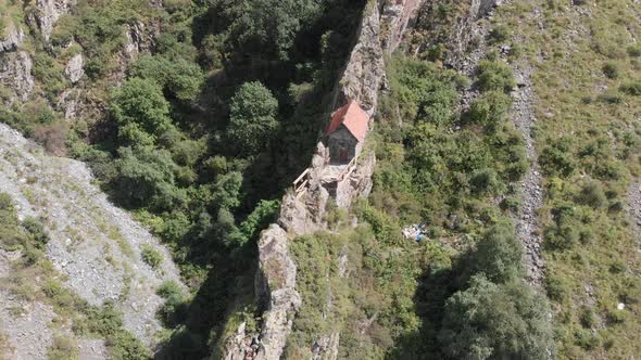 Aerial view of the shrine on the rock near Darial Gorge. Terek valley. Georgia