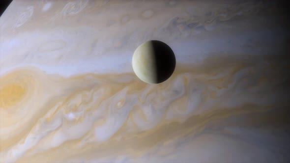 Ice Moon Europa on the Background of the Large Gas Planet Jupiter alt
