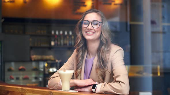 Hand Held Handshake Effect Business Woman Sitting Cafe Behind Window Waiting Business Partner