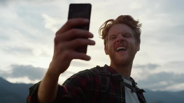 Closeup Excited Blogger Take Selfie on Phone