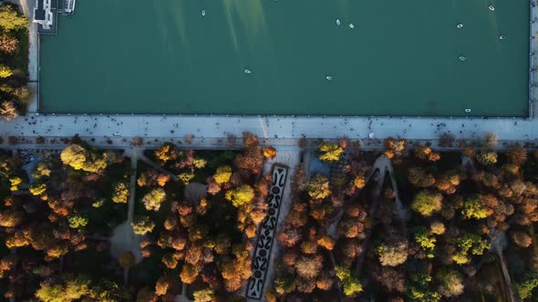 Static Drone View of the Great Pond of the Retiro Park in Its Entirety