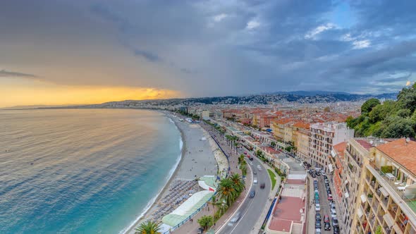 Sunset Over Nice City and Mediterranean Sea Aerial Timelapse