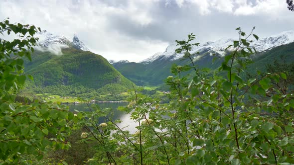 Mountains, Trees and Fjord in Spring Norway. Camera Moving Up
