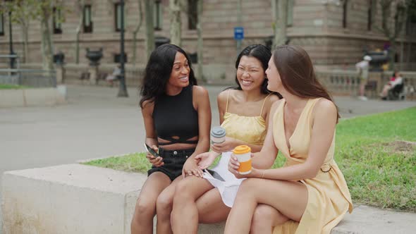 Multi Ethnic Female Friends Meeting Outdoors Three Young Happy Diverse Women Drink Coffee Outside