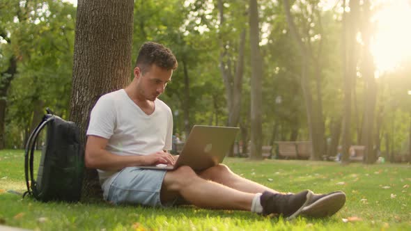 Young Man with Laptop in Park Near Tree at Sunset