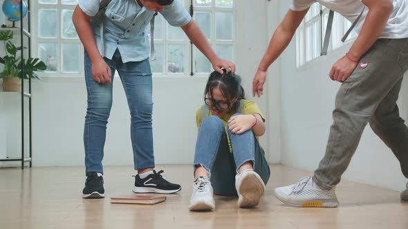 Young Asian Boys Attacking Caucasian Girl In Glasses, Bullying