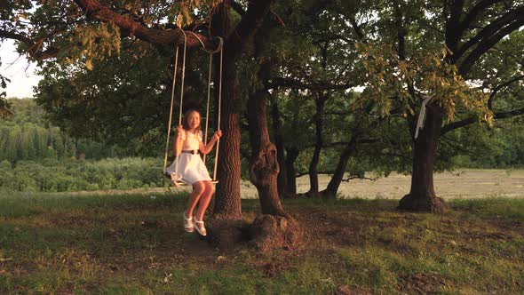 Young Girl Swinging on a Swing Under a Tree in Sun, Playing with Children