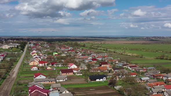 Aerial panoramic landscape of traditional Ukrainian village. Spring time