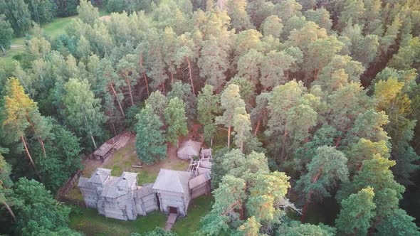 Reconstructed Wooden Castle of Semigallians in Tervete, Latvia Surrounded by Pine Forest. Aerial Dro