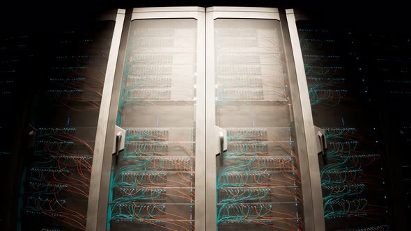 Countless vintage server cabinets in a render farm. Dark room spotlight. 4KHD