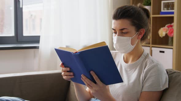 Sick Woman in Medical Mask Reading Book at Home
