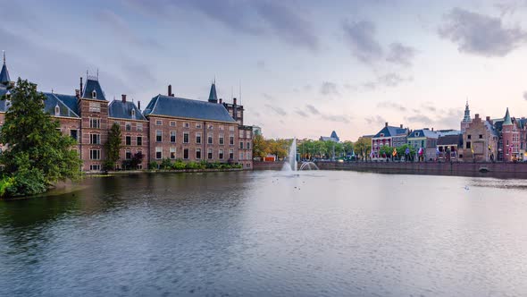 Day to Night Time Lapse from Den Haag with clouds and Binnenhof at sunset, Zuid-Holland, The Netherl