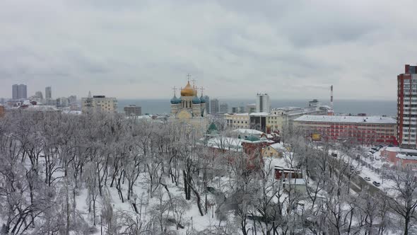Drone View of a Pokrovskiy Cathedral in Winter