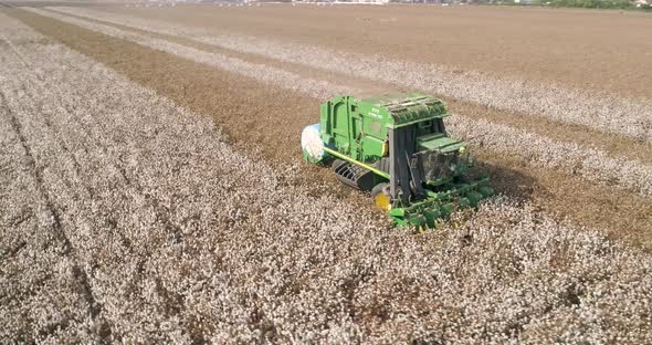 Aerial view of combine picking cotton, Kibbutz Saar, Mate Asher, Israel.