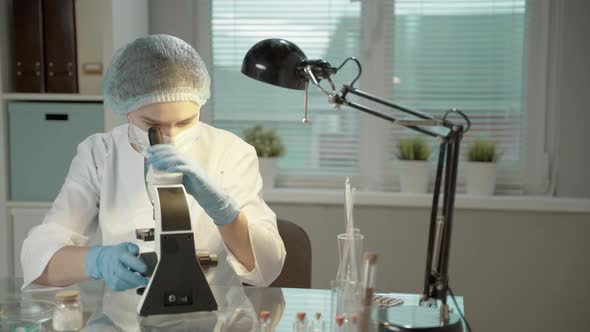 Female Doctor In Laboratory With Microscope And Chemical Test Tubes