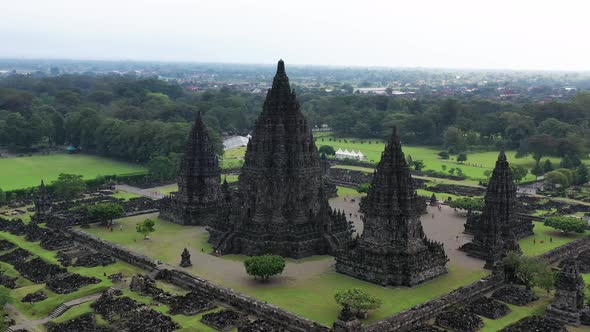 The Prambanan Hindu temple in Yogyakarta, Indonesia dedicated to Trimurti creator god, Aerial orbit