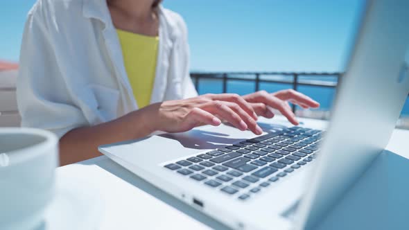 Female Hands of Business Woman Professional User Worker Using Typing on Laptop Notebook Keyboard Sit