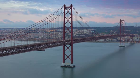 Bridge of 25Th April with Car Traffic After Sunset