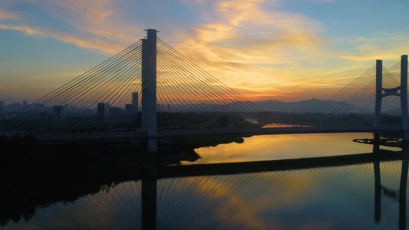 Aerial Sunset Scenery Of Shuiyang River Bridge In Southern Anhui